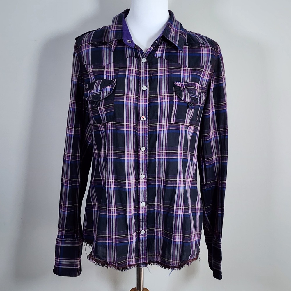 Buffalo Plaid Shirt Womens Medium Purple Black Distressed Y2K Pearl Snap Western